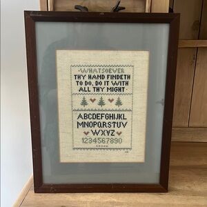 Framed Inspirational Cross-Stitch Sampler Art Hand Stitched 12” x 15” Vintage